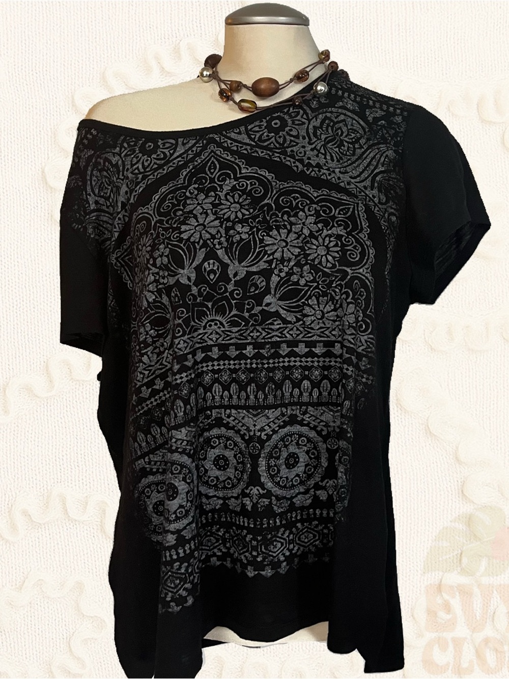 Boho Short Sleeve Off the Shoulder Patterned Black Womens XL
